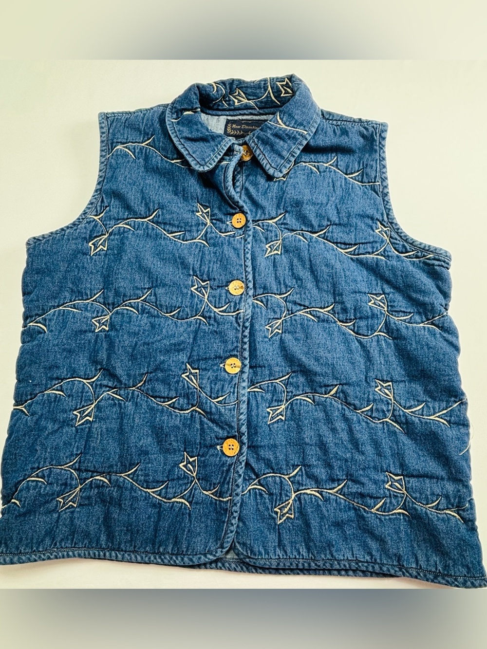Embroidered Denim Button Front Vest - Blue